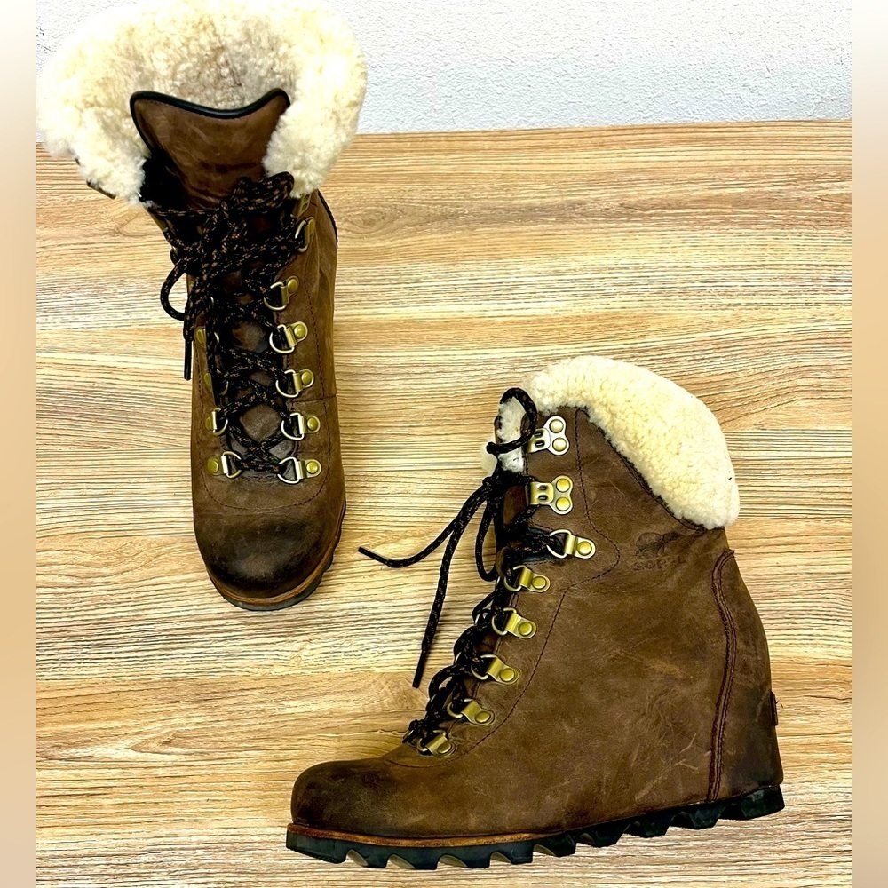 Sorel Conquest Wedge Fur Shearling Ankle Boots Brown Leather Lace Up - 7.5